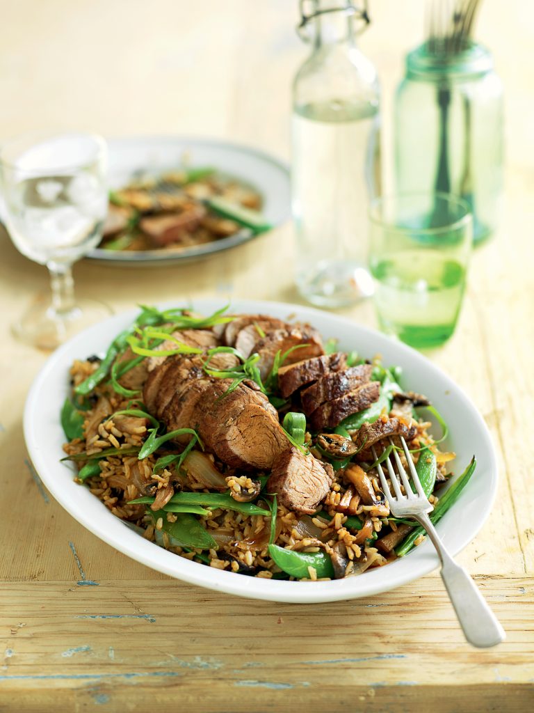 Five-spice pork with shiitake and sugar snap rice Five-spice pork with shiitake and sugar snap rice
