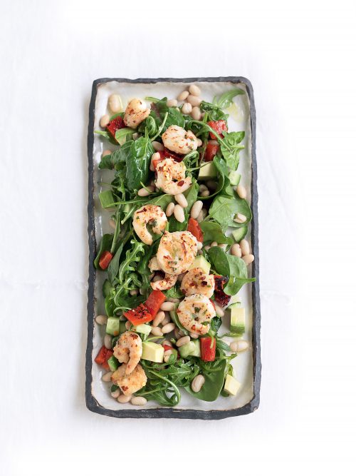 Garlic and chilli prawn salad with avocado and white beans