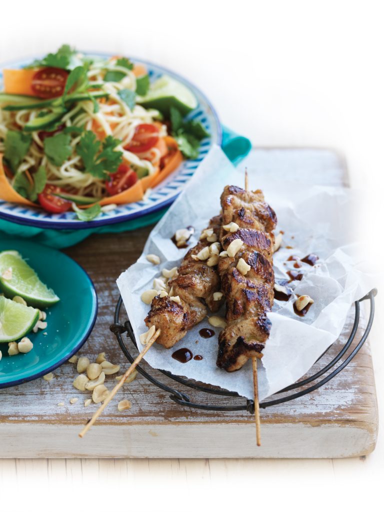 Ginger soy skewers with egg noodle salad Ginger soy skewers with egg noodle salad