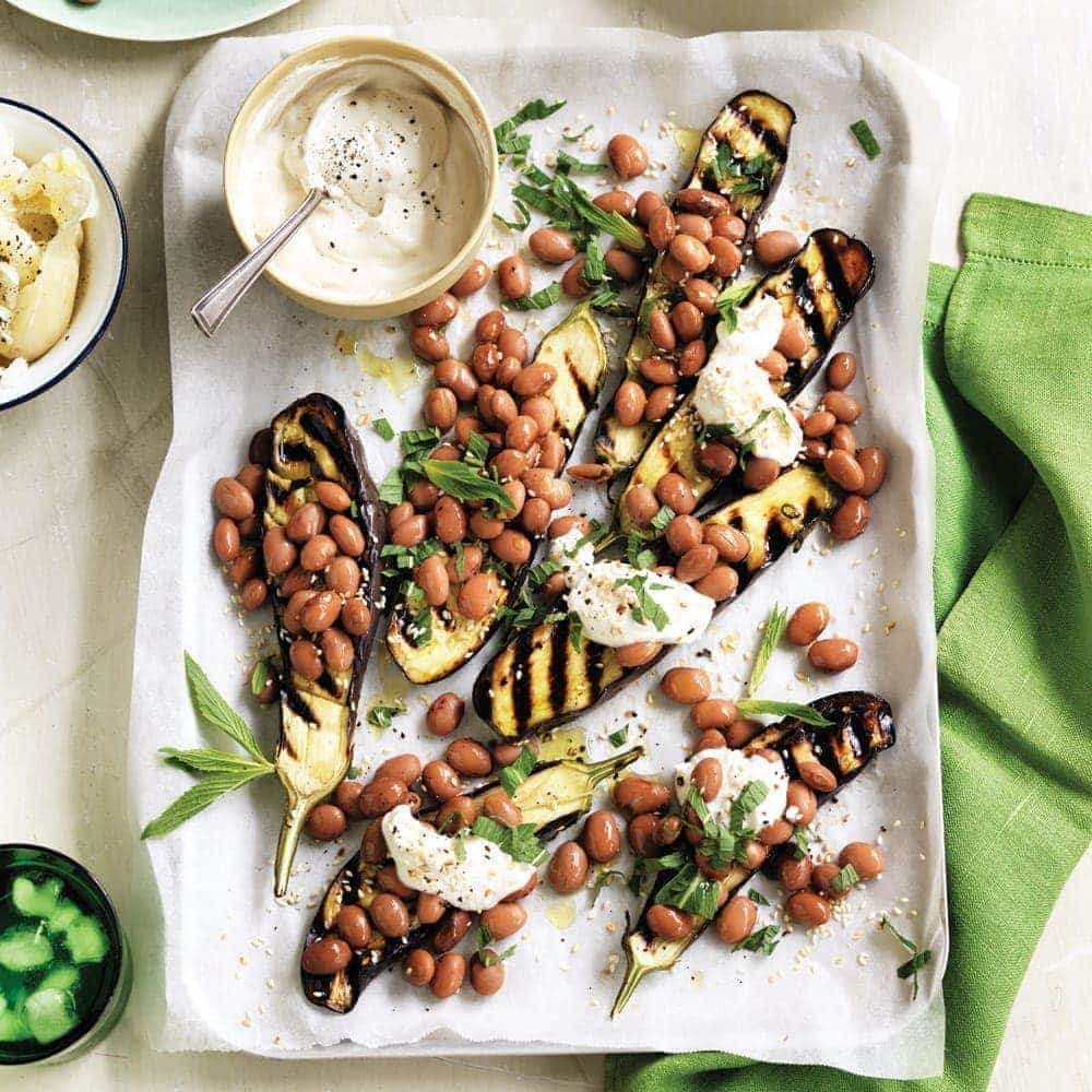 Grilled eggplant and beans with tahini yoghurt Grilled eggplant and beans with tahini yoghurt