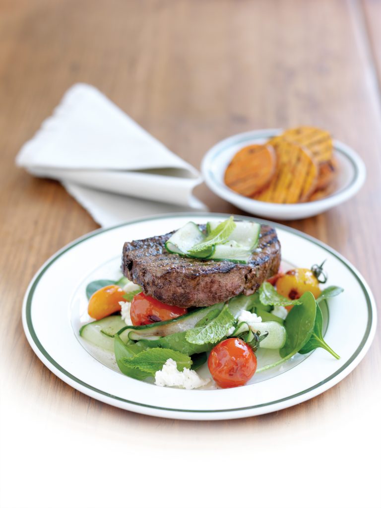 Grilled fillet steak with charred tomato and feta salad Grilled fillet steak with charred tomato and feta salad