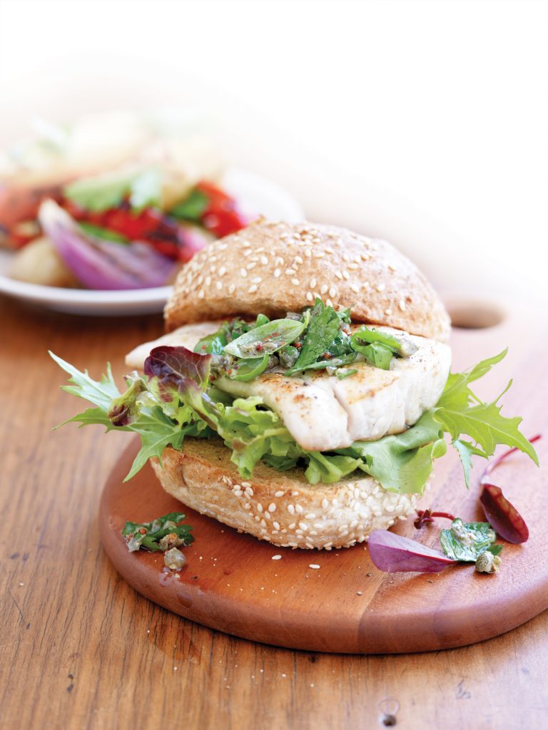 Grilled fish burgers with basil and caper salsa Grilled fish burgers with basil and caper salsa