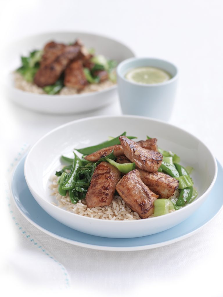 Grilled miso fish with Asian greens and rice