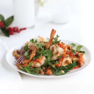 Grilled prawn, calamari and roasted chickpea salad with romesco dressing