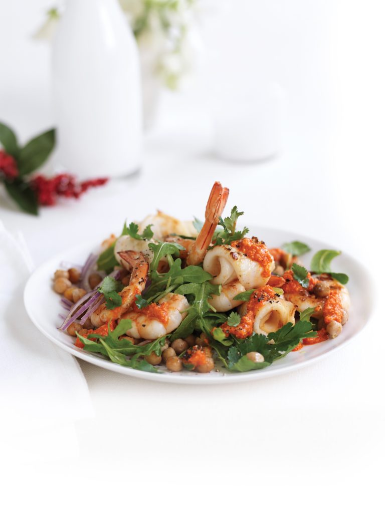 Grilled prawn, calamari and roasted chickpea salad with romesco dressing Grilled prawn, calamari and roasted chickpea salad with romesco dressing
