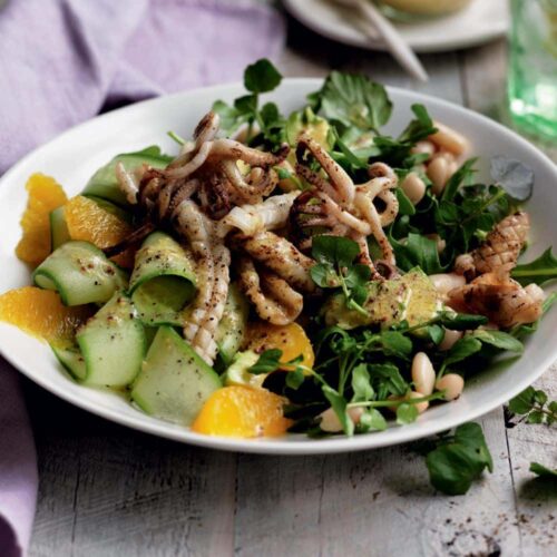 Grilled squid, watercress and orange salad