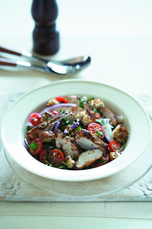 Grilled chicken with brown lentil salad