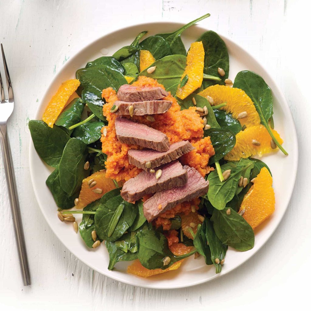 Grilled lamb with carrot miso purée and orange salad