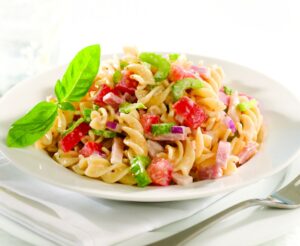 Ham and pasta salad with lemon-mustard dressing