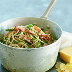 Ham and spring vegetable spaghetti
