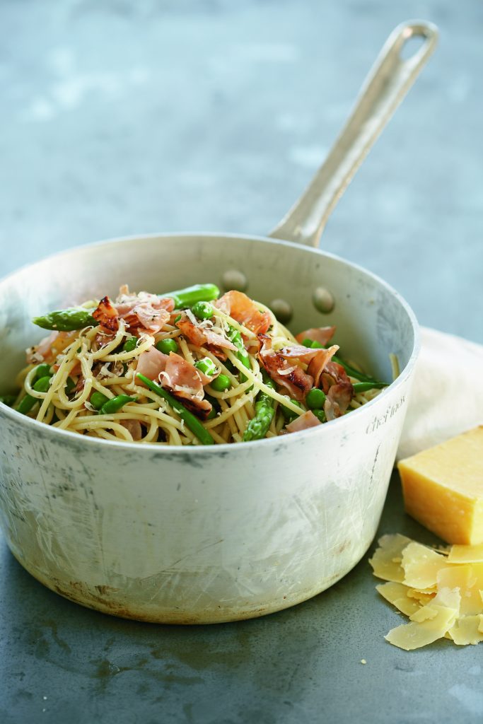 Ham and spring vegetable spaghetti