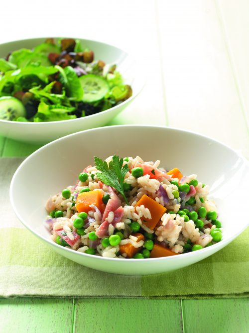 Ham, pumpkin and pea risotto