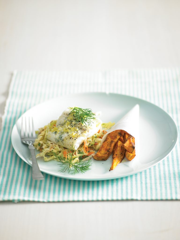 Herbed fish parcels with kumara wedges and coleslaw Herbed fish parcels with kumara wedges and coleslaw