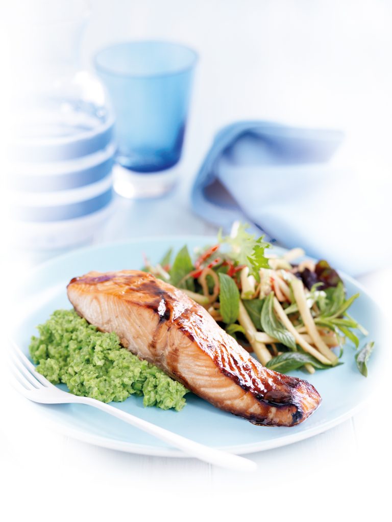 Honey-spiced salmon with wasabi pea mash and apple salad Honey-spiced salmon with wasabi pea mash and apple salad
