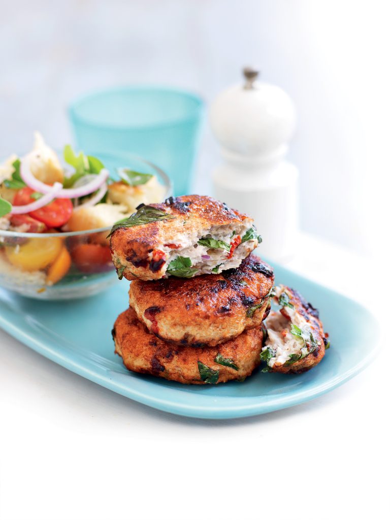 Italian-style chicken patties with torn bread salad Italian-style chicken patties with torn bread salad