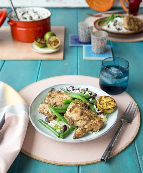 Jerk chicken on rice and beans