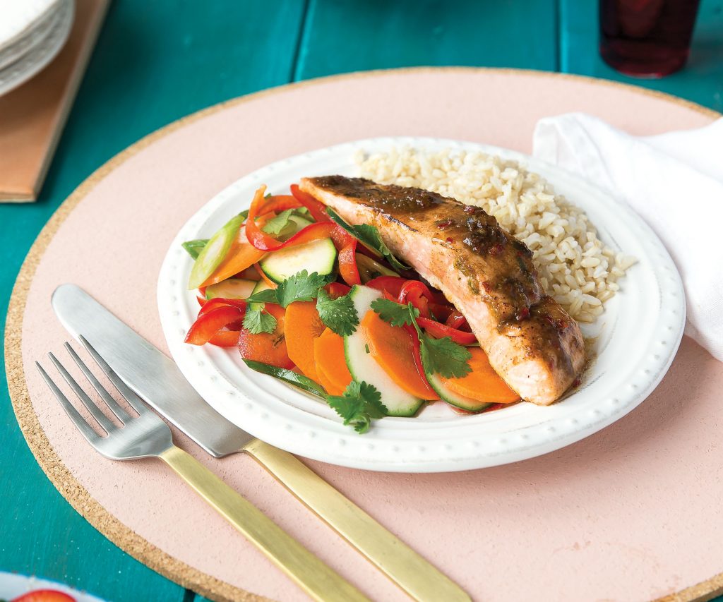Jerk glazed salmon with Caribbean courgette slaw and brown rice Jerk glazed salmon with Caribbean courgette
