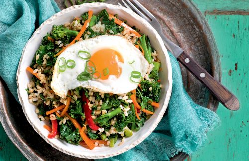 Kale and broccolini rice with fried egg