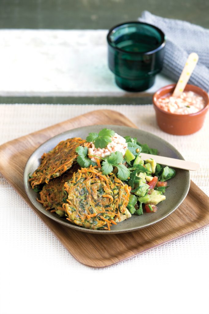 Kumara and courgette fritters with avocado salsa Kumara and courgette fritters with avocado salsa