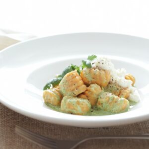 Kumara gnocchi with coriander sauce