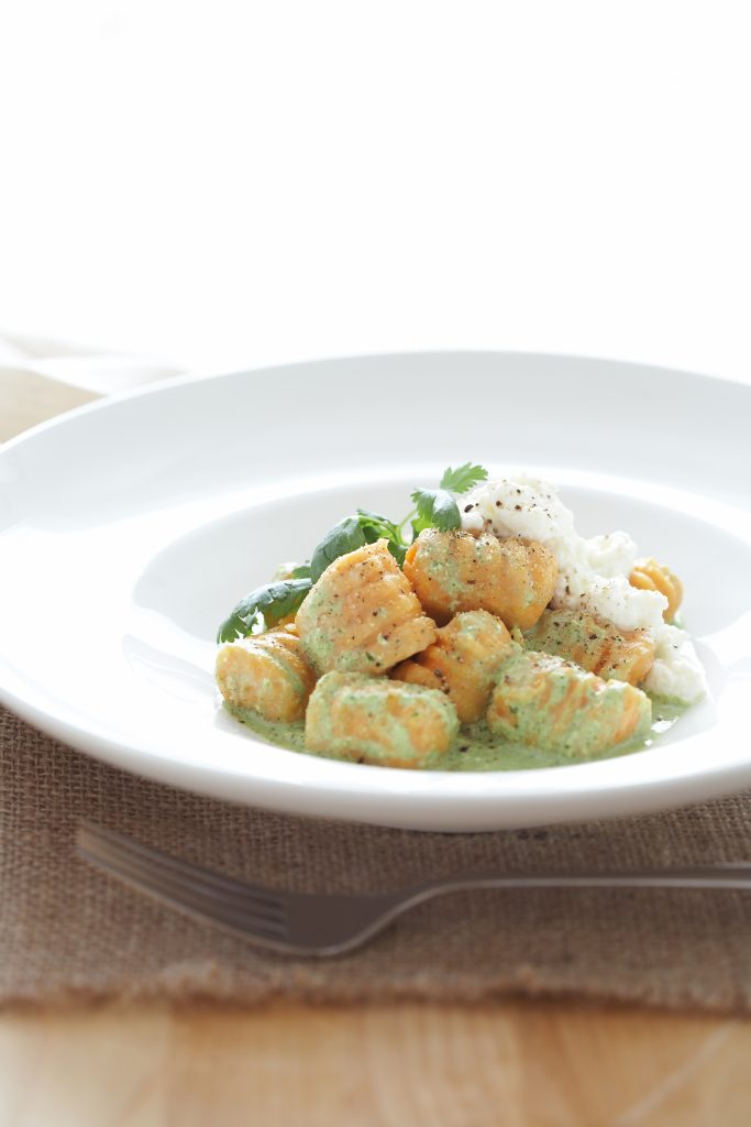 Kumara gnocchi with coriander sauce Kumara gnocchi with coriander sauce