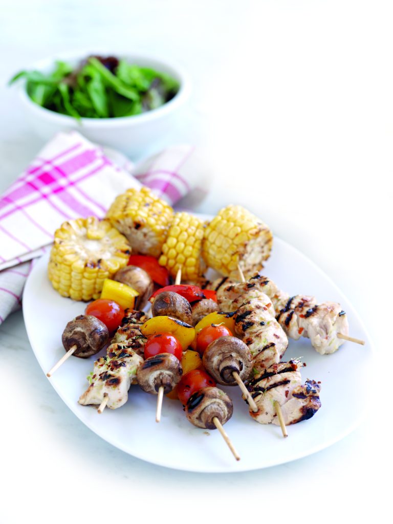 Lime-chilli chicken skewers with veges