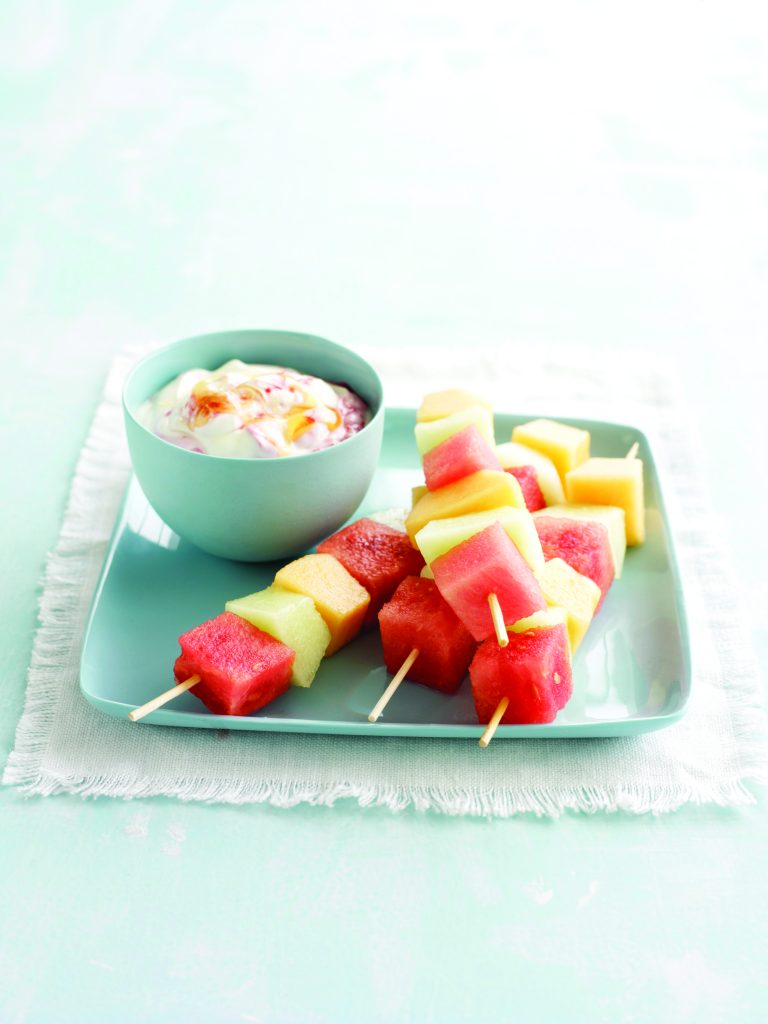 Melon skewers with berry swirl yoghurt Melon skewers with berry swirl yoghurt
