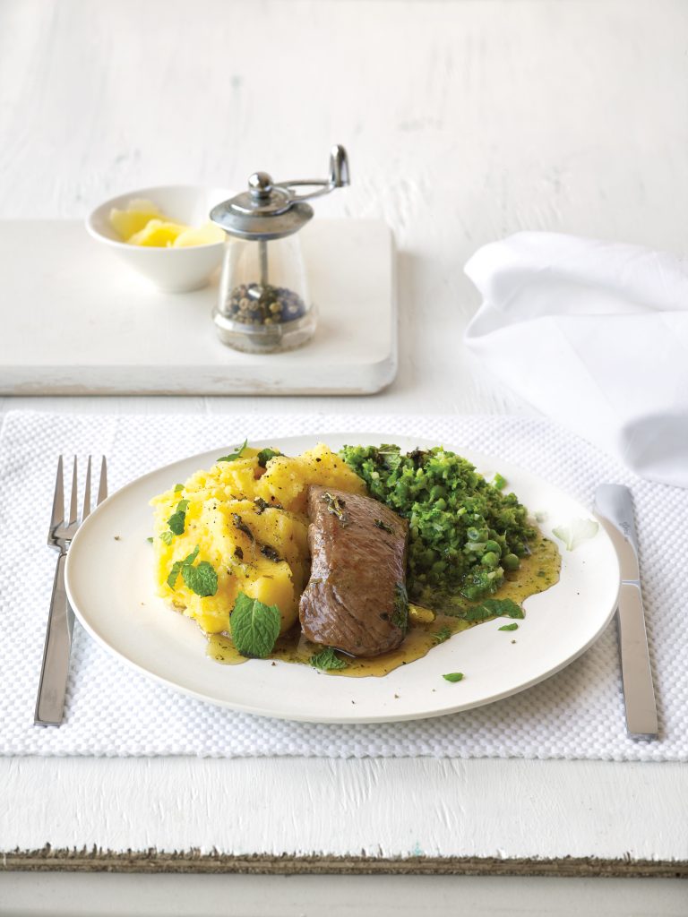 Mint-glazed lamb with soft polenta and green vege mash Mint-glazed lamb with soft polenta and green vege mash
