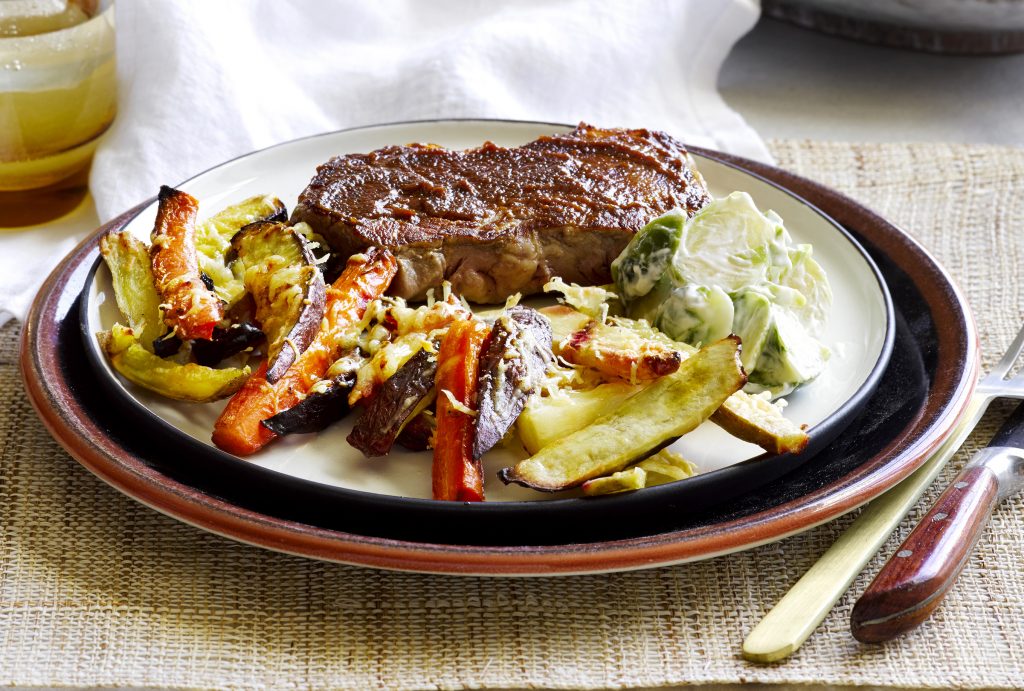 Miso beef with parmesan vege chips, Brussels slaw and creamy mustard Miso beef with parmesan vege chips, Brussels slaw and creamy mustard