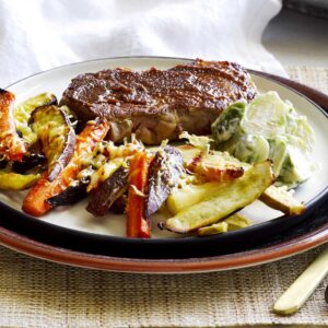 Miso beef with parmesan vege chips, Brussels slaw and creamy mustard