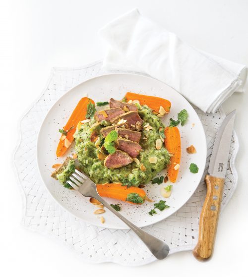 Moroccan lamb medallions with mint pea mash
