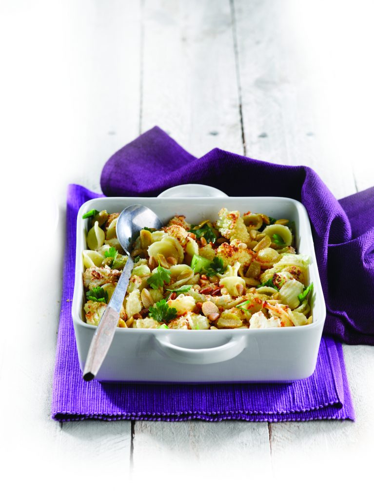 Orecchiette with roasted cauliflower, pine nuts and green olives Orecchiette with roasted cauliflower, pine nuts and green olives