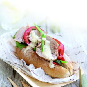 PLT sandwich with honey-mustard dressing