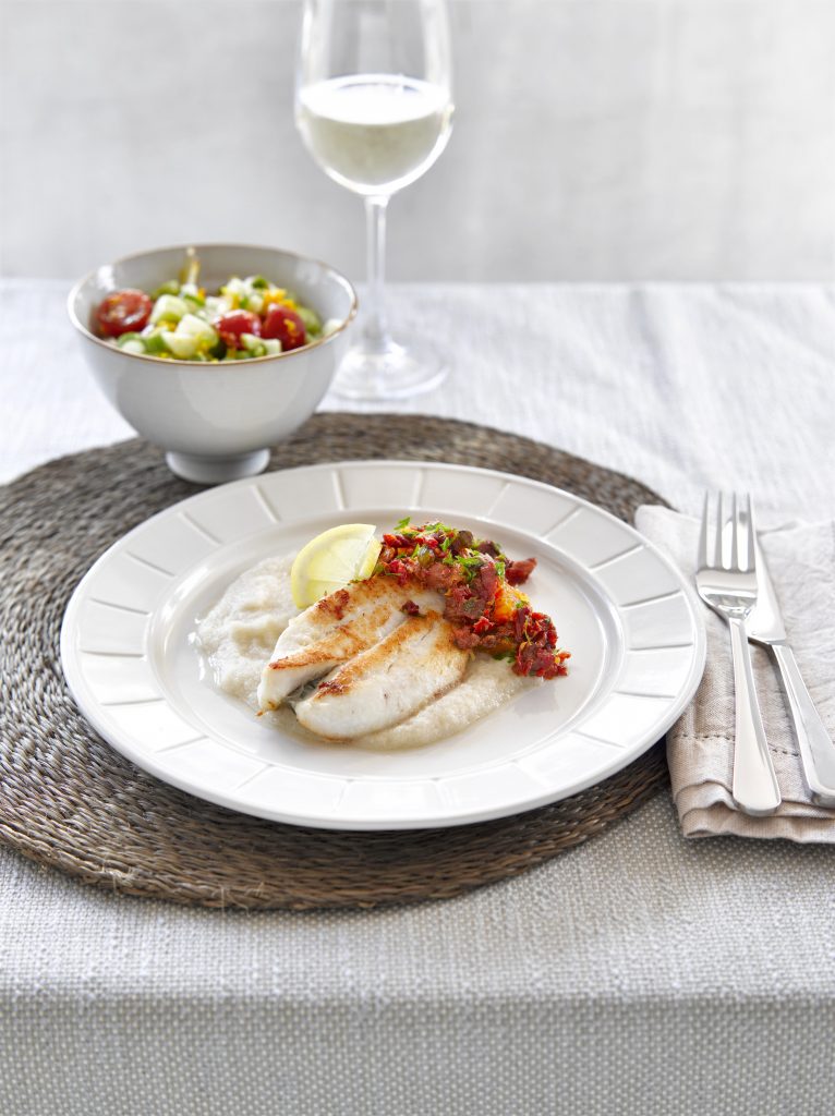 Pan-fried fish with cauliflower puree and citrus caper salsa Pan-fried fish with cauliflower puree and citrus caper salsa