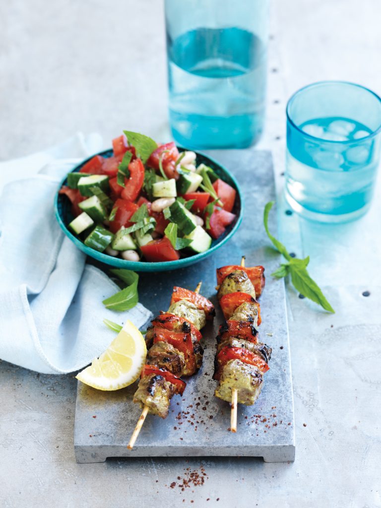 Persian beef skewers with chopped tomato and mint salad Persian beef skewers with chopped tomato and mint salad