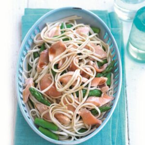 Poached salmon and noodle salad with sesame dressing
