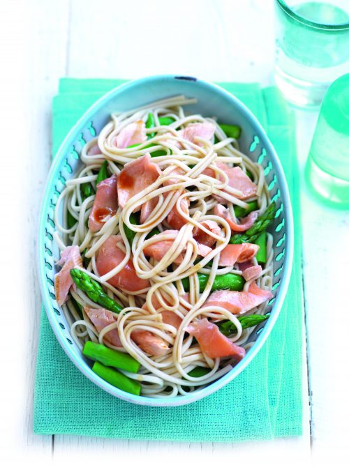 Poached salmon and noodle salad with sesame dressing
