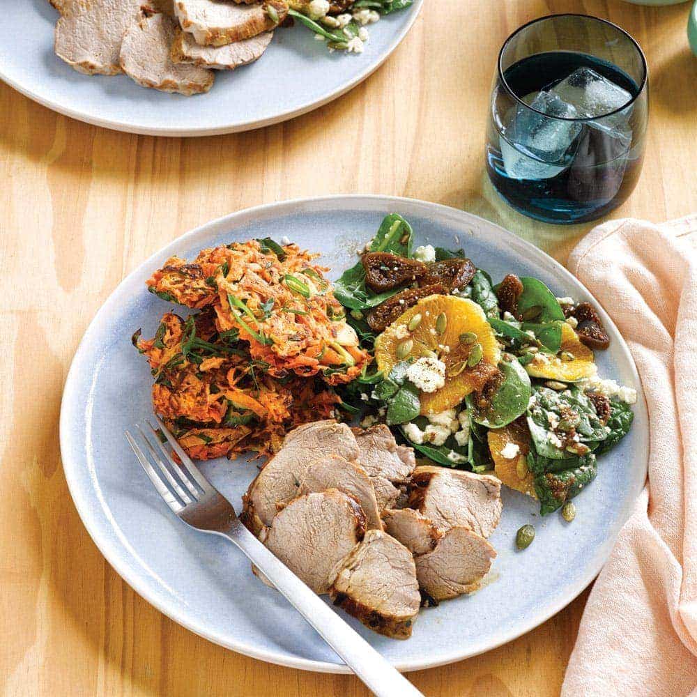 Pork with kumara cakes and fig, orange and silver beet salad Pork with kumara cakes and fig, orange and silver beet salad