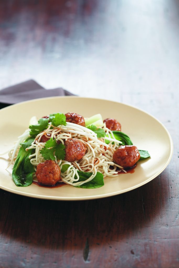Pork meatballs with egg noodles and Asian greens Pork meatballs with egg noodles and Asian greens