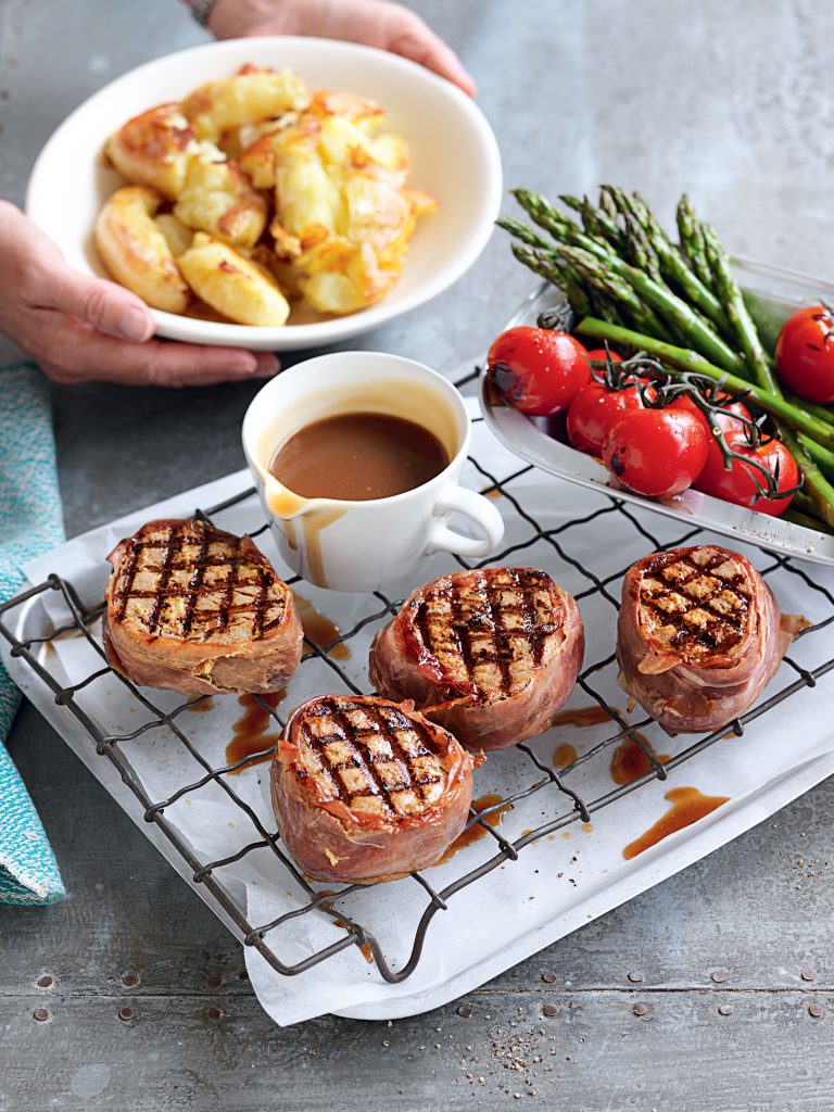 Prosciutto-wrapped mustard beef with crushed potatoes Prosciutto-wrapped mustard beef with crushed potatoes