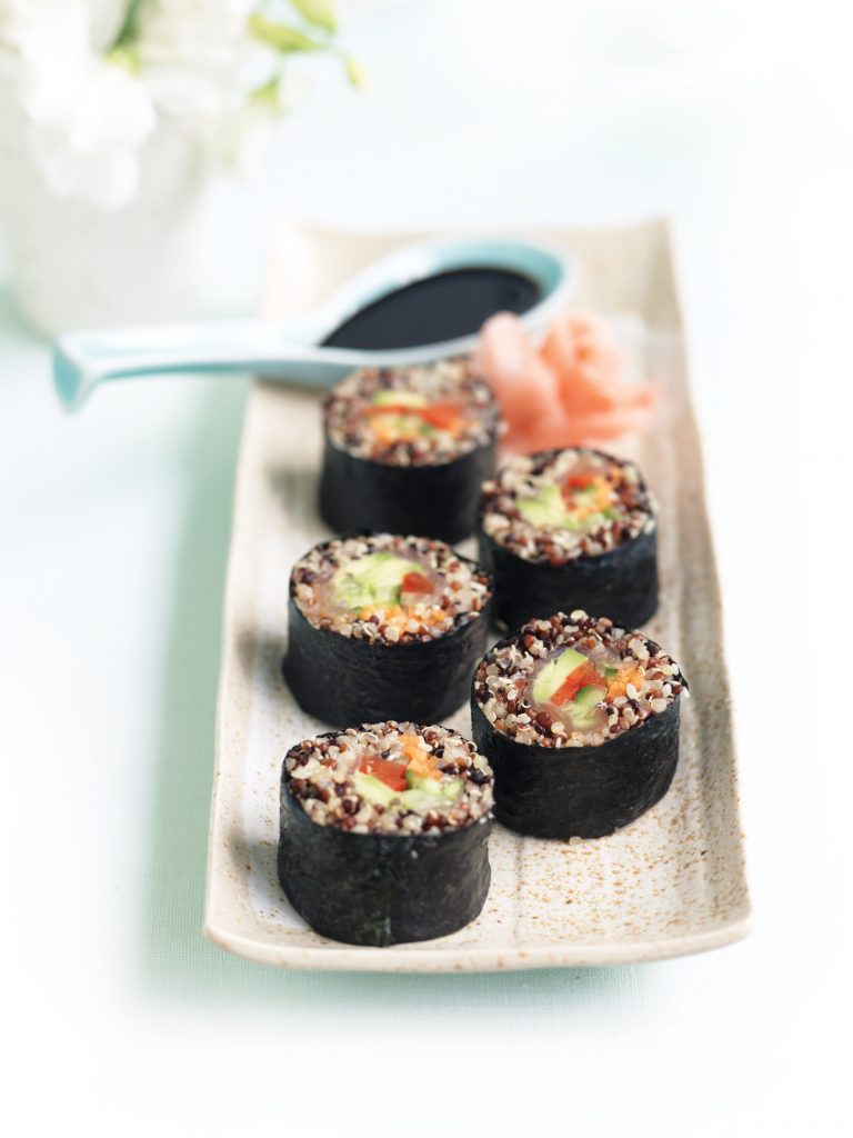 Quinoa, smoked salmon and shredded vegetable sushi rolls Quinoa, smoked salmon and shredded vegetable sushi rolls