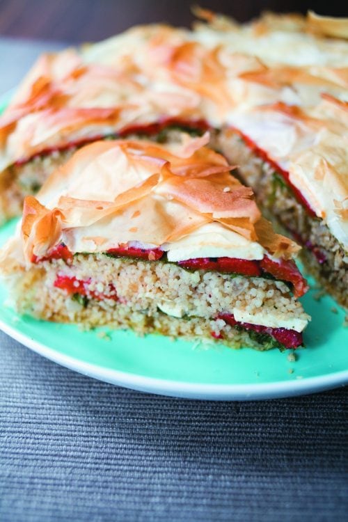Roast capsicum, feta and couscous pie