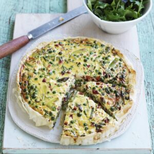 Roast capsicum, pea and courgette quiche