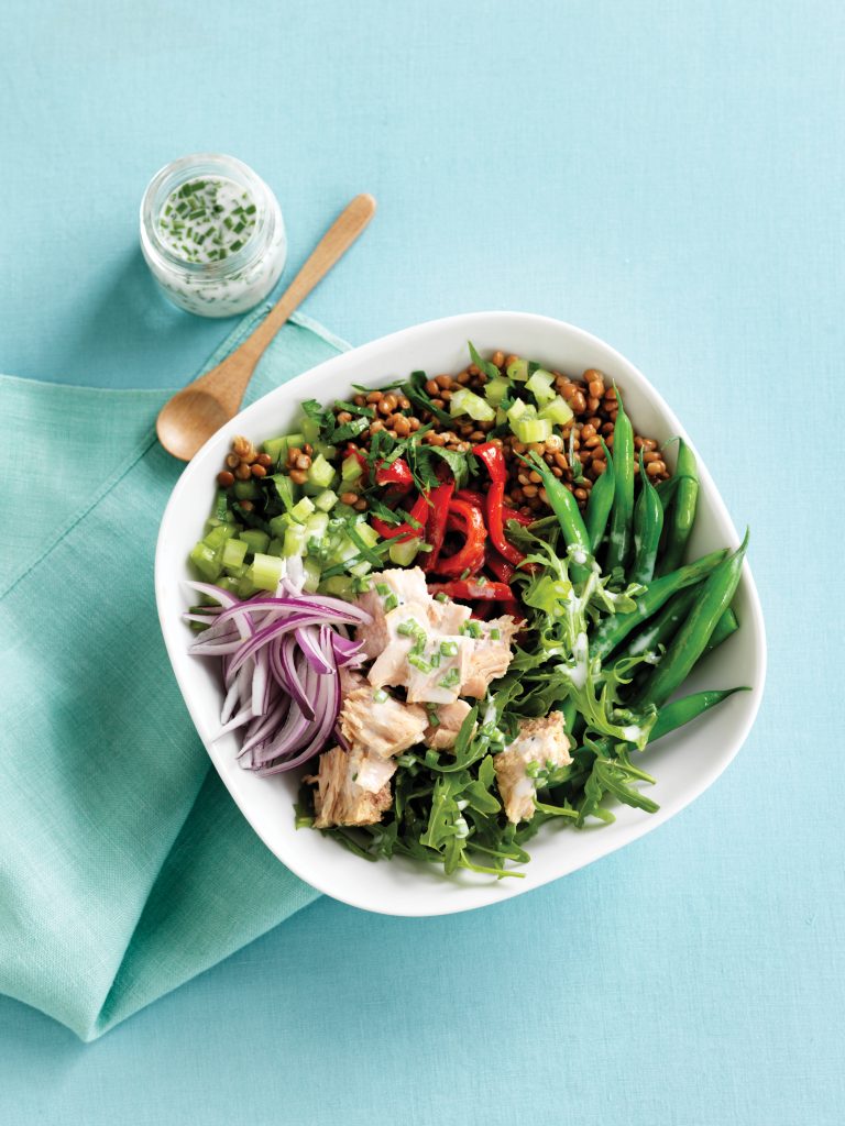 Roasted capsicum, chilli tuna, green bean and lentil bowl with lemon buttermilk dressing Roasted capsicum, chilli tuna, green bean and lentil bowl with lemon buttermilk dressing