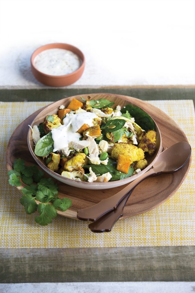 Roasted cauliflower and kumara salad with chicken and feta Roasted cauliflower and kumara salad with chicken and feta