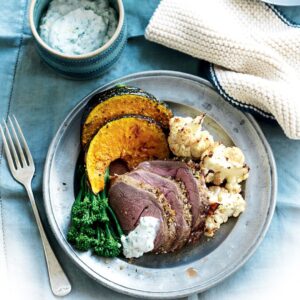 Roasted lamb with pumpkin and dukkah