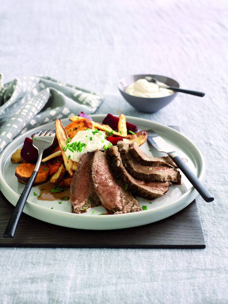 Roasted vegetables with seared beef and mustard cream Roasted vegetables with seared beef and mustard cream