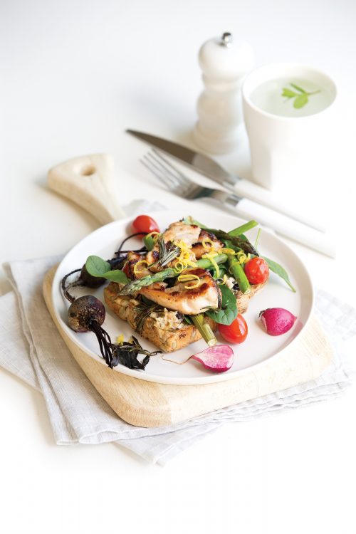 Rosemary and maple chicken sandwich with warm roasted veges