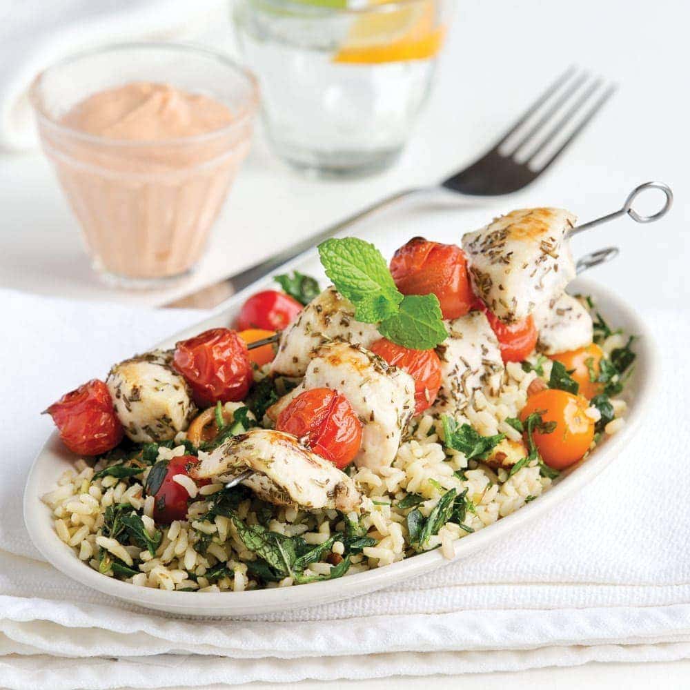 Rosemary chicken sticks with brown rice salad and sun-dried tomato dip Rosemary chicken sticks with brown rice salad and sun-dried tomato dip