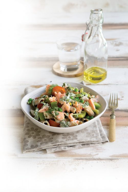 Salmon and dill pasta with rocket dressing